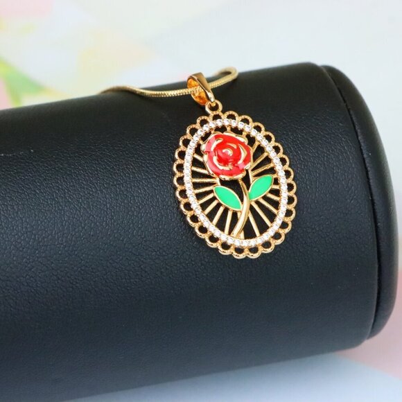 "Rose Gold Oval Pendant with Red Rose and Green Leaf Enamel Design, XPPT1379 - Picture 5 of 13